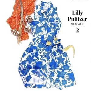 Lilly Pulitzer White Label Blue White Floral  Yellow Belted Pocketed Dre…